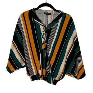 Jennie & Marlis Striped Lace Up Short Sleeve Top Size Small Black Green Yellow